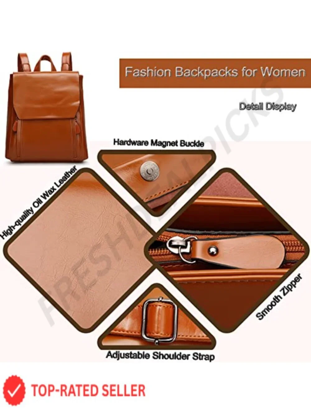 Vegan Oil Wax Leather Backpack for Women - Water Resistant, 2 Compartments,
